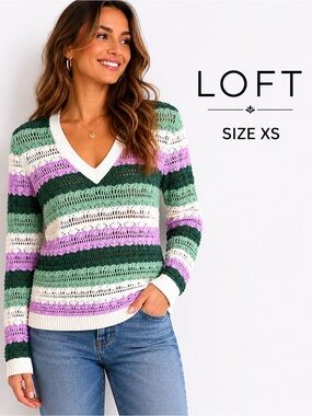 LOFT Crochet Knit V-Neck cotton Sweater Pastel Stripe XS Boho Cottagecore